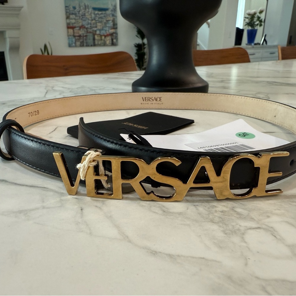 Brand New with Tags Versace Black Leather Belt with Gold Logo Buckle
